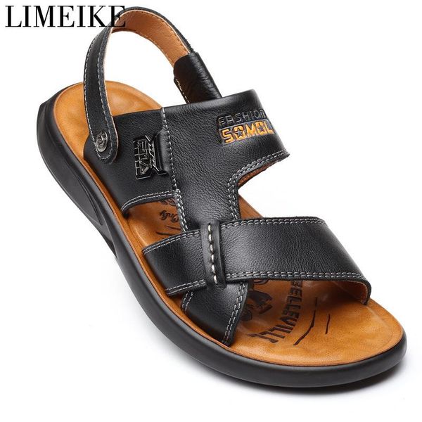 

sandals limeike men's summer genuine leather comfortable slip-on casual fashion men slippers, Black