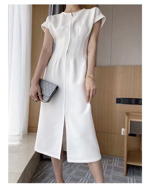

elegant o-neck short sleeve front zipper female midi dress office ladies slim waist split women workwear 210429, Black;gray