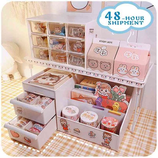 WG 3 teile/satz Ins Kawaii Deskpot Organizer Make-Up Aufbewahrungsbox 3 Regal Container Schublade Schrank Rack Senden Aufkleber Wohnkultur 210922