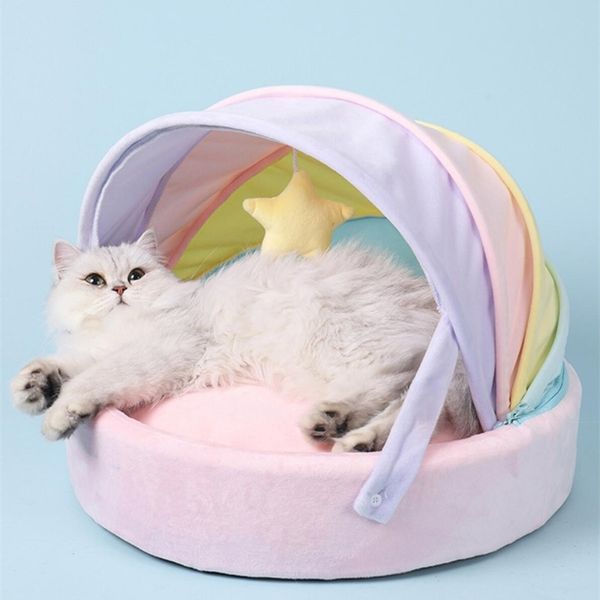 Cama de gato de arco-íris soft pet dormindo almofada profundo sono ninho confortável e respirável casa estrelas brinquedo 211006