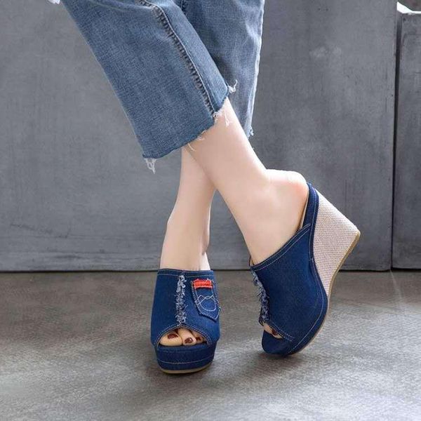 

summer women's cool slope heel and color matching platform denim sandalsand slippers plus size women sandals, Black