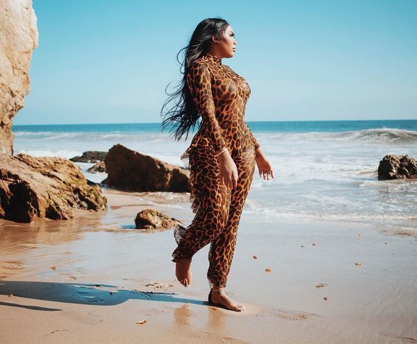 

leopard pattern women nightclub sassy beach long sleeves ruffles ny jumpsuits rompers full length real images autumn, Black;white