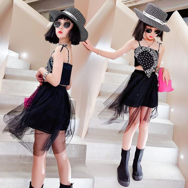 

clothing sets vintage teenage girls set summer retro tank asymmetrical skirt black fashion 2pcs children performance costumes, White