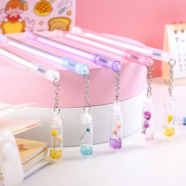 

gel pens 5pcs dried flowers drifting bottle pendent pen kawaii colorful signature 0.5mm black ink needle writing instrument