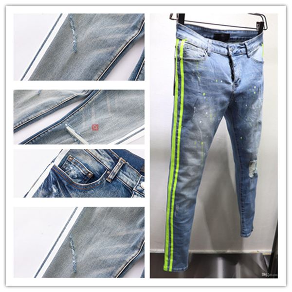 

arrivals mens jeans classic white stripe fashion off straight fit biker designer men jeans broken hole stripes pants us size 29-40, Blue