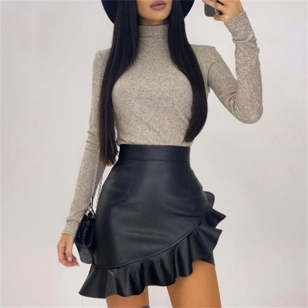 

leather pu skirt for ladies black ruffle asymmetric women mini skirt high waist flare fashion office female skirt d25 210401