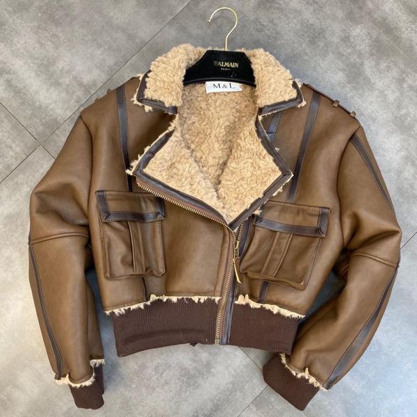 

women's leather & faux prepomp 2021 winter turn down collar lambswool liner thick pu jacket women fashion tide brown gd003, Black