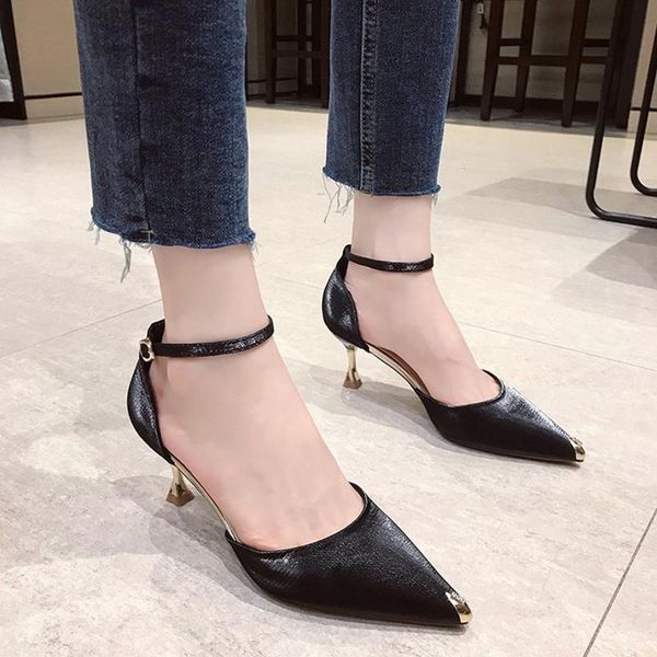 

dress shoes metal pointed toe shallow pumps wine red&black flock thin high heels ladies dancing party footwear woman fashion 2021