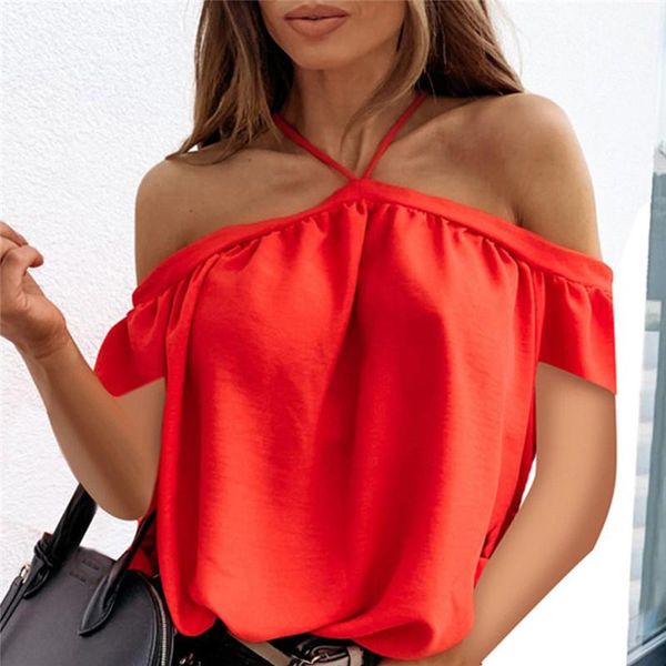 

men's t-shirts women summer off shoulder halter blouse shirts backless solid color ladies short sleeve elegant shirt, White;black