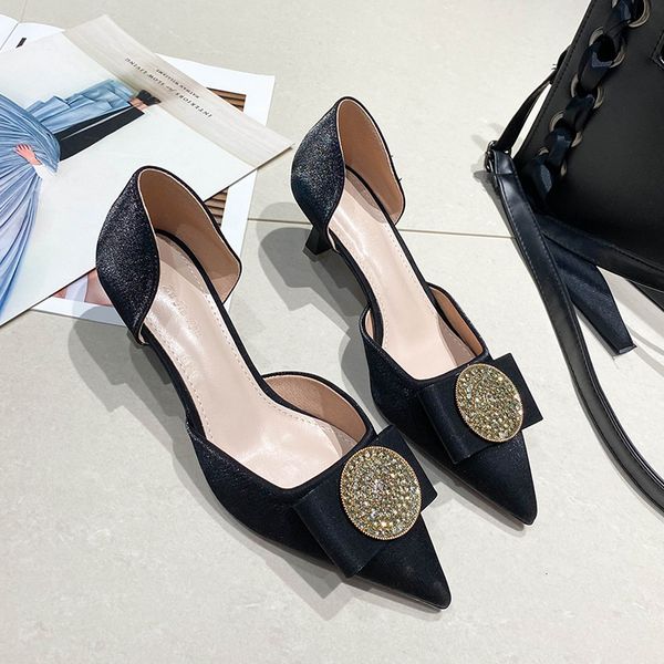 

dress shoes women's plus size high-heeled style pointed toe thin heeled korean-style bowknot work shoes, Black