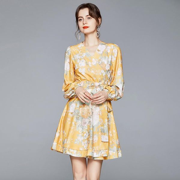

casual dresses 2021 runway floral print yellow autumn dress holiday lace-up bandage beach women cross v-neck short party k1829, Black;gray