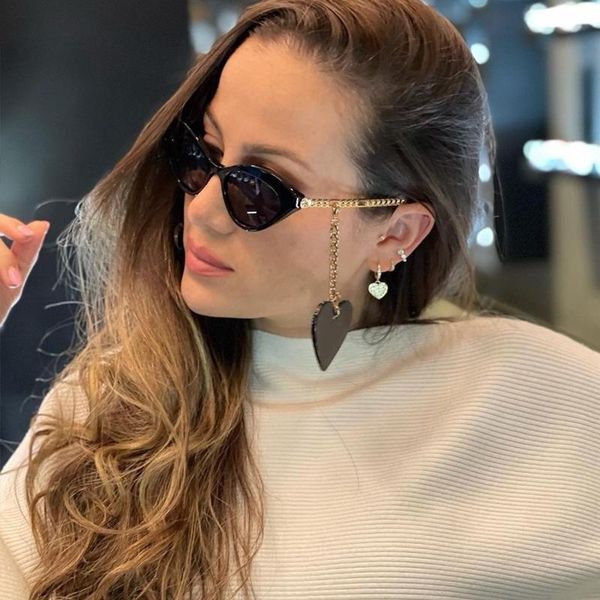 

sunglasses vintage cat eye women fashion designer sun glasses pink shades personality eyeglasses metal chain heart pendant gafas, White;black