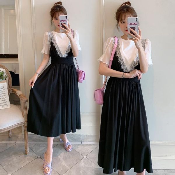 

8382# maternity clothes summer lace loose two pieces dress cotton short sleeves stylish pregnant women mom dresses, White