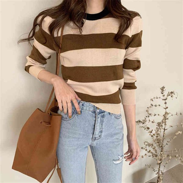 

autumn striped colorblock o-neck temperament short sweater for elegant womens knitted pullovers for female fall 210515, White;black