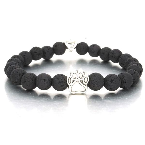 

2021 handmade 8mm black lava stone beads bracelet essential oil diffuser heart dog paw charms bracelet pet lover beaded hand strings, Golden;silver