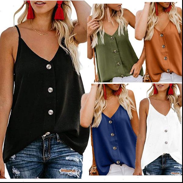 

women summer camis tank cami v neck solid color casual loose sleeveless vest with button dd1, White