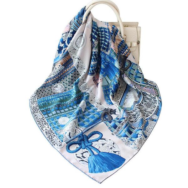 

scarves luxury 100% twill silk scarf women fashion warrior armor print shawl hijab hand rolled kerchief bandana headscarf 90*90cm, Blue;gray