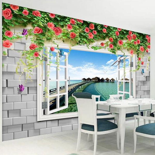 

wallpapers custom po 3d stereoscopic window seascape tv background wall decor painting modern living room sofa mural wallpaper flowers