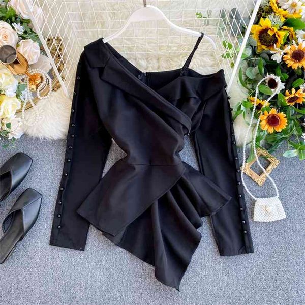 

women's temperament beaded full shirt off-shoulder irregular notched office lady blusa solid female blouses y670 210507, White