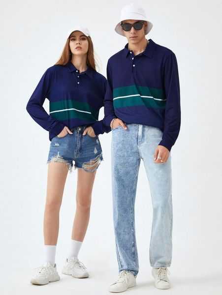 

1pc drop shoulder striped print polo shirt x1dn#, White;black