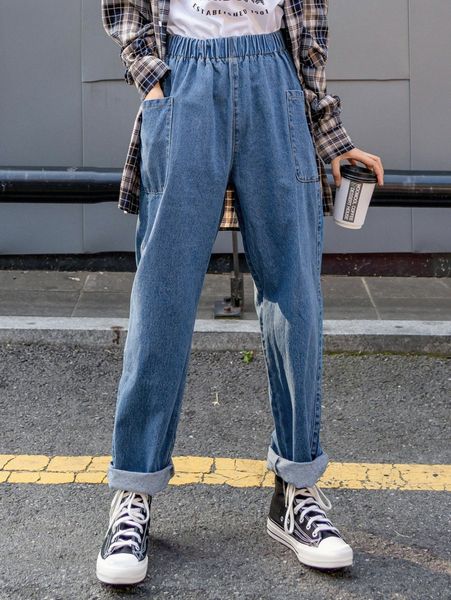 

dazy high waist pocket side jeans i6n3#, Blue