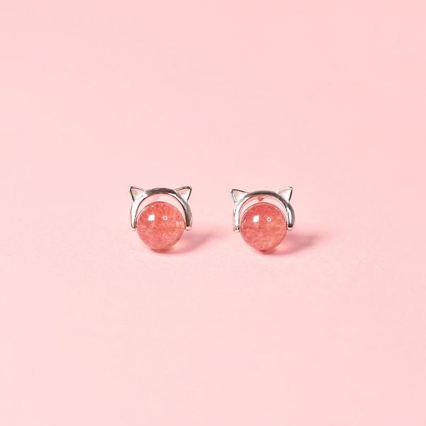 

other xiaojing100% 925 sterling silver pink stone animal cute cat stud earrings for women small earring fine jewelry, Golden;silver