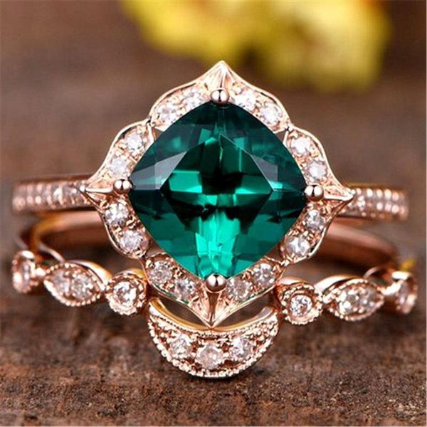 

stackable layered emerald gemstones green crystal rings sets for women zircon diamond rose gold color jewelry bijoux bague gifts cluster, Golden;silver