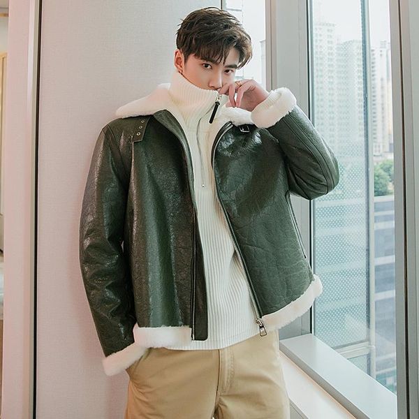 

men's leather & faux autumn and winter fashion sheepskin fur coat green genuine jacket men sherling clothes, Black