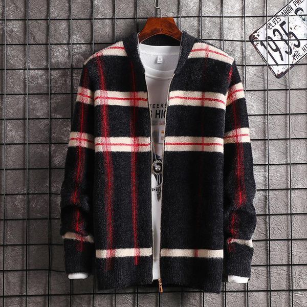 

men's jackets 2021 autumn cardigan jacket youth imitation velvet fashion plaid jacket1, Black;brown