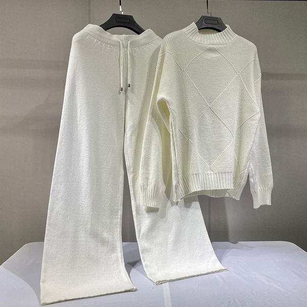 

women's two piece pants winter turtleneck sweater pant set women knitted pullover lace up wide leg suit female 2021 lady causal sets, White