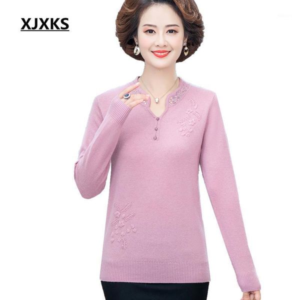 

women's sweaters xjxks 2021 autumn winter high-end 100% wool knitted sweater women pullover fashion v-neck casual, White;black