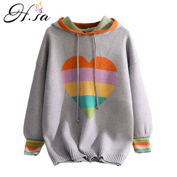 

h.sa roupa mujer women knitted sweater and hooded jumpers sweet heart print rainbow pullovers blue jumper pull femme hiver 210417, White;black