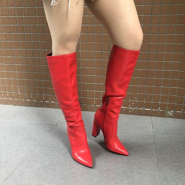

boots red brown black beige pointed toe knee high woman fashion faux leather block heels winter shoes plus size 34-43 long