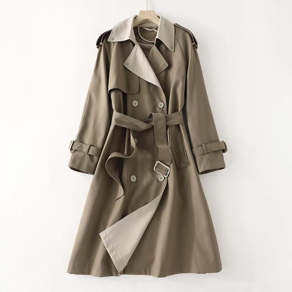 

women's trench coats autumn coat women medium length casual style windbreaker lapel long sleeve belt decorative double breasted placket, Tan;black