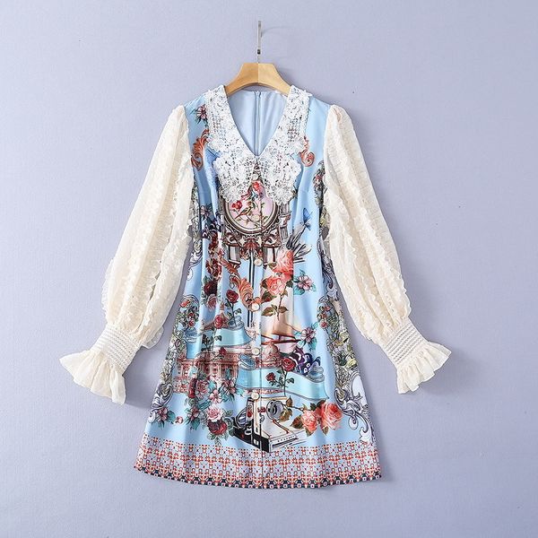 

dresses european and american women's clothing spring 2021 long sleeve water-soluble flowered v-neck fashion spliced print dress mn58, Black;gray