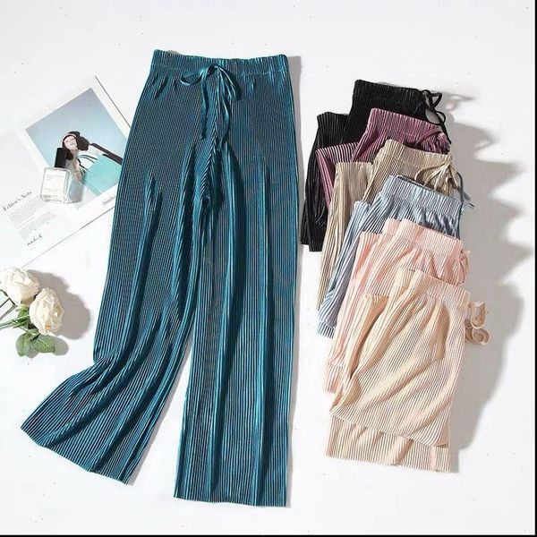 

women ice capri silk wide leg pants fashion summer trousers elastic high waist casual pleated ankle length pant korean, Black;white