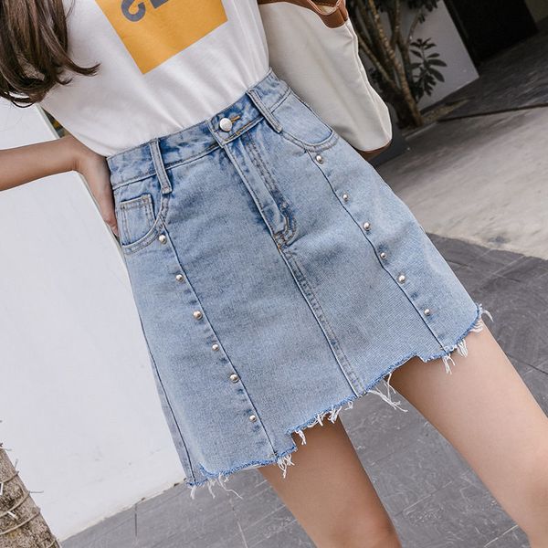 

skirts spring summer irregular denim female high waist beaded a-line package hip jeans shorts 0het, Black