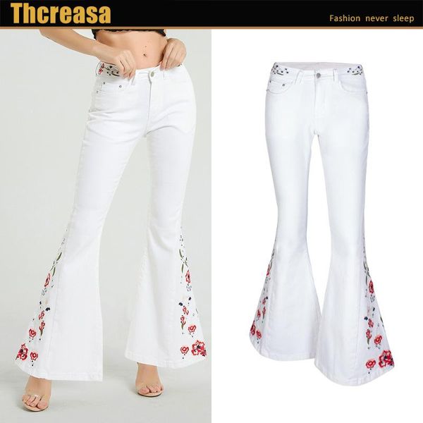 

amazon wish women's wear european and american embroidery leisure wide leg pants high waist pure white flared jeans, Blue
