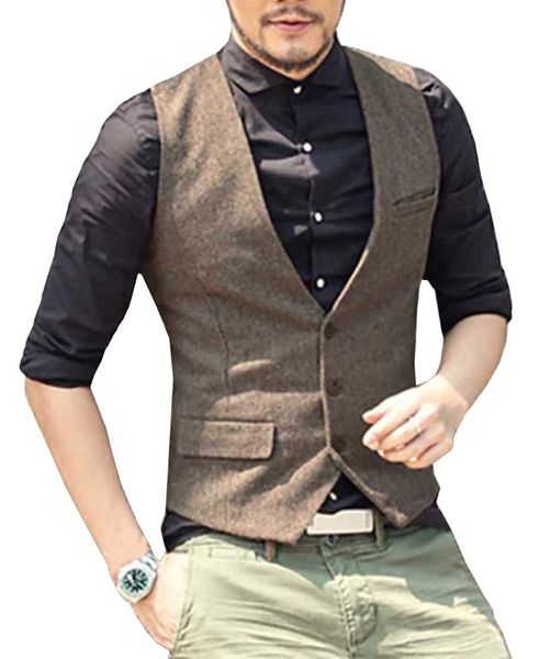 

men's vests mens suit vest v neck wool brown grey formal single-breasted waistcoat casual business groomman for wedding slim fit, Black;white