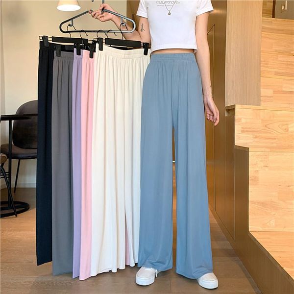 

women's pants & capris 2021women summer soft silk knit wide leg loose ankle length casual elastic waist high straight trousers6colour, Black;white