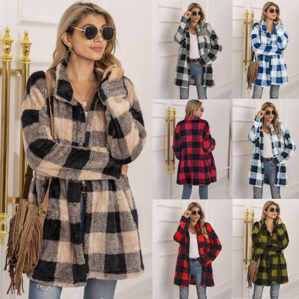 

women's jackets women autumn winter buttons plush fleece casual loose fashion vintage plaid print cardigan oversize coat outwear, Black;brown