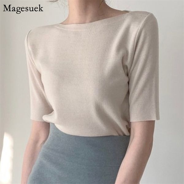 

korean knitted short sleeve women t-shirts summer thin slim basic tee femme o neck solid fashion t female 14078 210512, White
