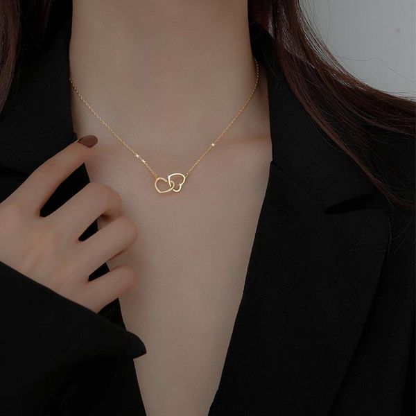 

chains double heart statement necklace for women gold stainless steel link chian wedding jewelry bijoux femme collier choker, Silver