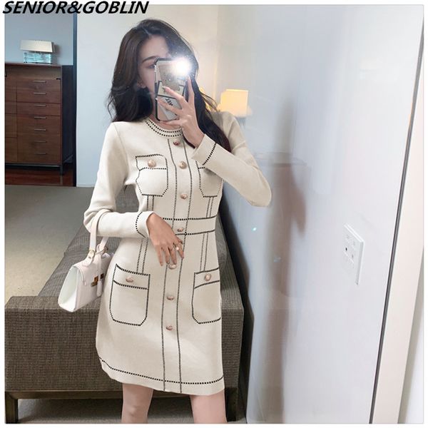 

casual dresses fashionable autumn dress elegant vintage girl button gold plus size track ladies knit line sweater 5idr, Black;gray