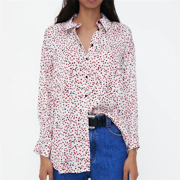 

women's blouses & shirts blsqr women hearts print casual loose blouse office lady long sleeve shirt chic blusas, White