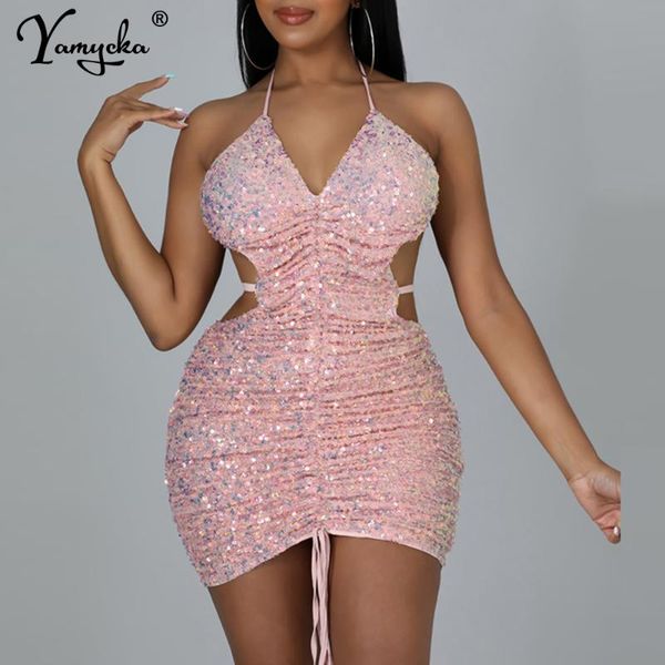 

casual dresses backless drawstring sequin corset mini summer dress women birthday bodycon party woman halter club christmas, Black;gray