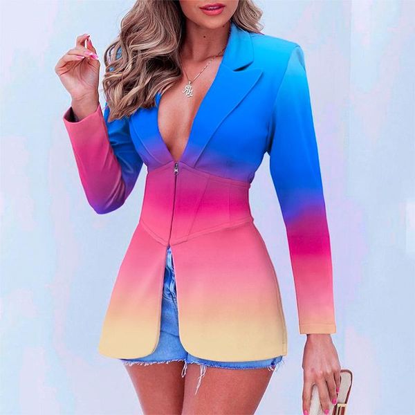 

women's suits & blazers women slim tie dye zipper blazer long sleeve casual office female 2021 autumn patchwork elegant ol fashioned es, White;black