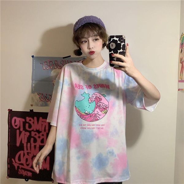 

harajuku tie dye t shirt casual summer women cartoon letter print tees female loose clothes women's t-shirt, White