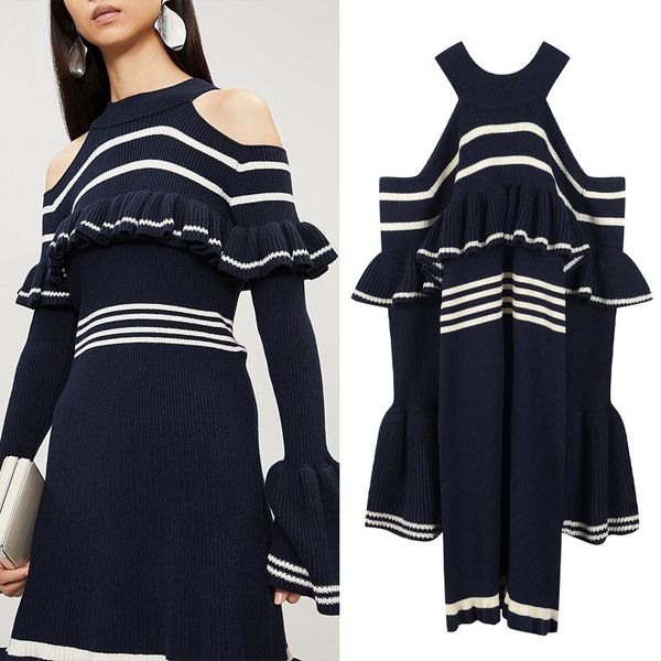 

casual dresses dressed in french chic winter feminine knitted-or-crocheted sweater long sleeve korean shoulder harajuku plissado women', Black;gray