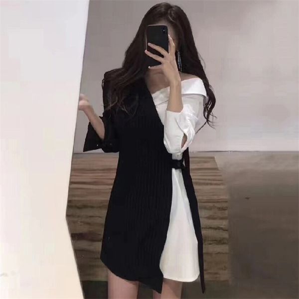 

spring summer women's shirt dress sashes plaid patchwork strapless slim button korean female woman pl053 210506, Black;gray